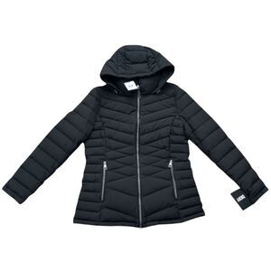 DKNY Hooded Puffer Jacket L Black Water Resistant REPREVE NWT $180